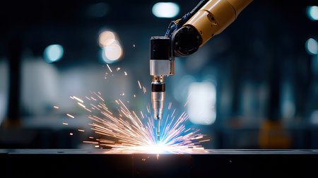 A robotic arm engages in a precise welding process, emitting bright sparks and flames in a modern industrial environment, showcasing advanced technology.の素材