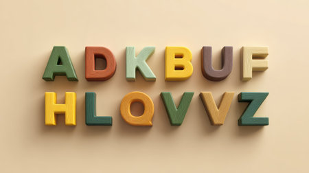Vibrant wooden alphabet letters display creativity and playfulness on a soft beige background. Ideal for education, crafts, and decorative projects, perfect for inspiring imagination.の素材