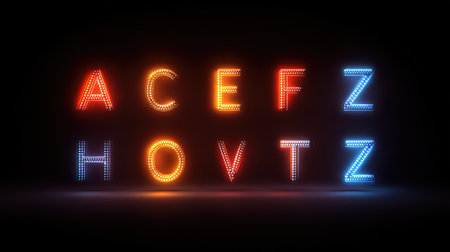 A stunning display of bright neon alphabet lights A C E F Z H O V T Z glowing against a dark background, perfect for creative projects and modern design needs.の素材