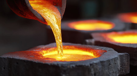A captivating image of molten metal being poured into molds at an industrial foundry, highlighting the intense heat and glowing liquid that represents skilled craftsmanship.の素材