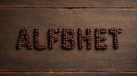 Unique arrangement of coffee beans forming the word "ALFBHET" on a rustic wooden table. Perfect for coffee themes, culinary art projects, and lifestyle promotions.の素材