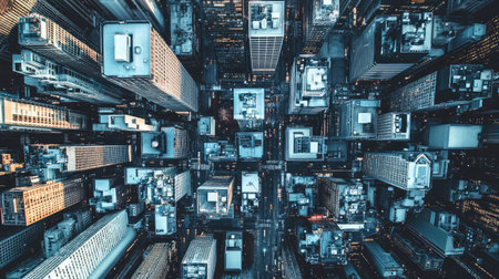 Captured from above, this mesmerizing aerial view presents a bustling urban cityscape at dusk, highlighting the intricate patterns of buildings and vibrant city lights.の素材