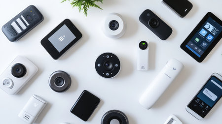 Clean flat lay of smart home accessories including camera, thermostat, and assistant device, on a white surfaceの素材