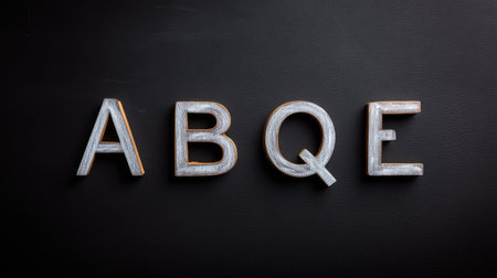 This artistic image showcases uppercase letters A, B, Q, and E arranged stylistically on a black textured surface, perfect for creative projects and design inspiration.の素材