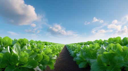 A breathtaking view of a lush green vegetable field stretches towards the horizon, under a bright blue sky adorned with fluffy clouds, exemplifying the beauty of agriculture.の素材