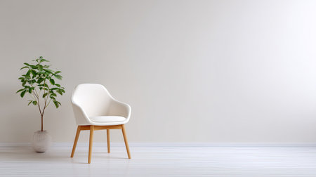 This image showcases a bright and minimalist interior featuring a stylish chair alongside a potted plant, creating a tranquil and inviting atmosphere.の素材