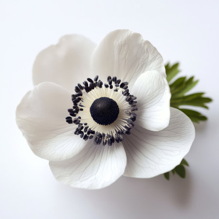 A stunning white anemone flower with a captivating black center surrounded by green leaves, exemplifying natureの素材