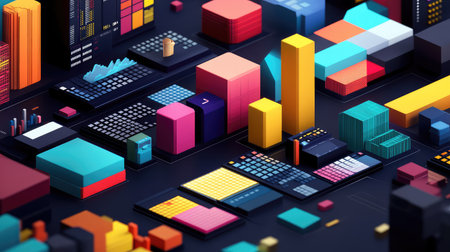 High-tech representation of financial knowledge with organized budget spreadsheets, investment growth charts, and digital calculators for managing personal wealth.の素材