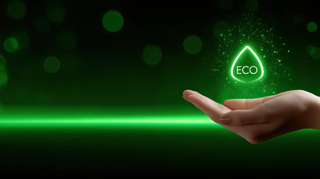 A human hand gracefully holds an eco symbol accented with green sparkles, representing environmental awareness and the importance of sustainability.の素材
