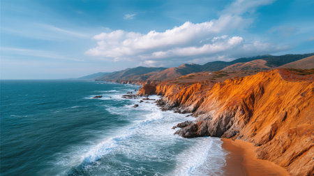 Experience the stunning beauty of coastal cliffs meeting the ocean. This image captures the vibrant colors and serene atmosphere, perfect for travel and nature enthusiasts.の素材