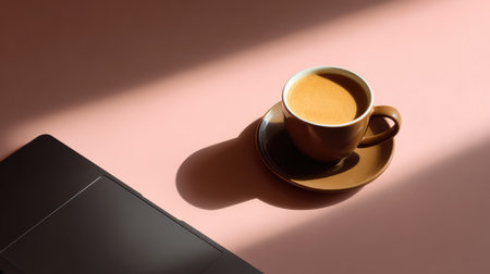 A warm cup of coffee sits beside a laptop, bathed in soft morning light, creating an inviting atmosphere perfect for focus and creativity in a modern workspace.の素材
