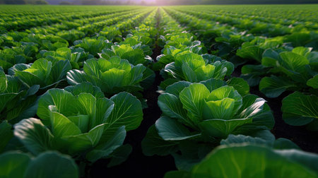 A stunning image of a vibrant cabbage field captured at sunset, showcasing rows of lush green leaves illuminated by soft, warm light.の素材