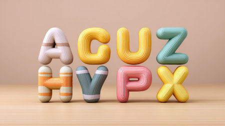 Vibrant and playful 3D letters in pastel shades arranged creatively on a soft background. Ideal for educational materials, modern designs, and artistic projects.の素材