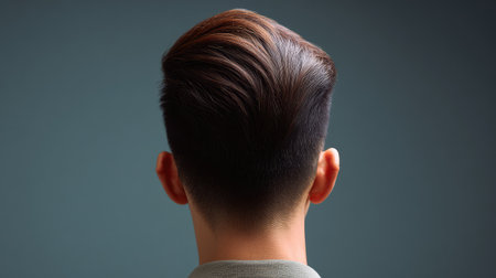 A detailed close-up of a modern haircut showing smooth texture and shine, set against a soft gray background, perfect for fashion and grooming inspiration.の素材