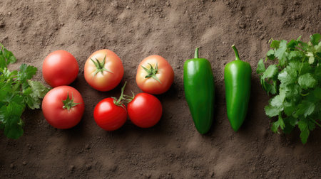 A vibrant display of fresh raw vegetables including red tomatoes, green peppers, and bright cilantro on rich soil, symbolizing organic farming freshness.の素材