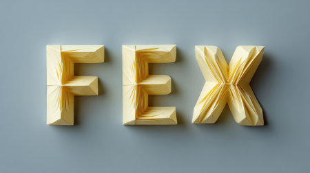 A creative presentation of three-dimensional paper letters F, E, and X in soft yellow hues against a minimalist light gray backdrop, perfect for design and artistic projects.の素材