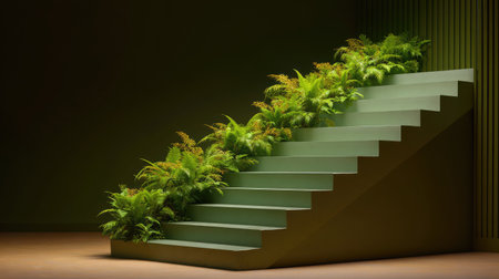 A modern staircase beautifully integrated with lush greenery creates a tranquil atmosphere in a stylish interior. Ideal for nature lovers and design enthusiasts.の素材