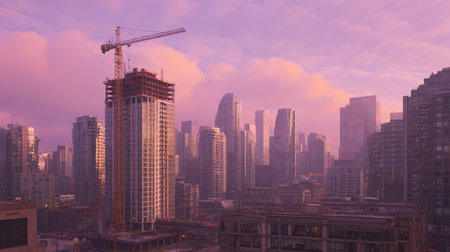 A stunning urban skyline bathed in vibrant pink and purple hues at sunrise, featuring a construction crane and modern high-rise buildings, showcasing dynamic city life and development.の素材