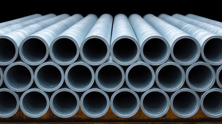 A collection of neatly stacked steel pipes in a factory environment, highlighting the precision of industrial manufacturing and showcasing the strength of materials for construction use.の素材