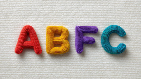Four colorful yarn letters A, B, F, and C are displayed on a soft textured background, ideal for educational projects, crafts, and playful design inspiration.の素材