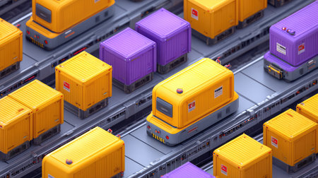 Explore a dynamic scene featuring colorful miniature trucks and containers on rails, illustrating modern logistics and supply chain operations within a vivid urban landscape.の素材