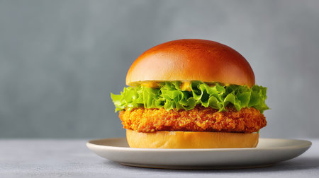 A mouthwatering fried chicken sandwich showcasing a crispy chicken patty nestled in a soft bun, topped with crisp lettuce and creamy mayonnaise, perfect for food lovers.の素材