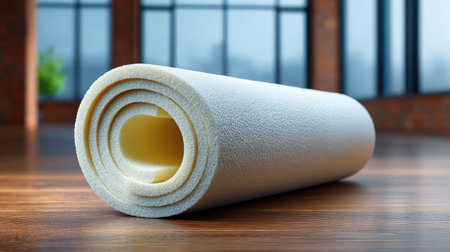 A rolled foam mattress rests elegantly on a wooden floor under soft natural light, promoting a sense of comfort and relaxation in a beautifully designed interior space.の素材