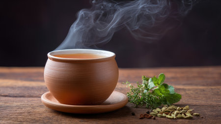 A captivating image of aromatic herbal tea in a traditional clay pot, filled with steam, and accompanied by fresh mint leaves and spices on a rustic wooden table.の素材