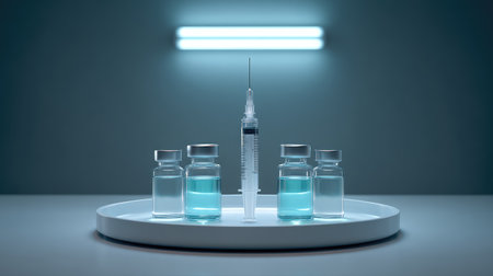 A medical syringe and vials filled with clear liquid are showcased against a soft blue background, representing health care, vaccination, and pharmaceutical themes.の素材