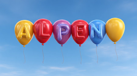 Cheerful colorful balloons spell ALPEN against a clear blue sky, perfect for festive occasions, events, and celebrations. Bright and visually appealing design.の素材