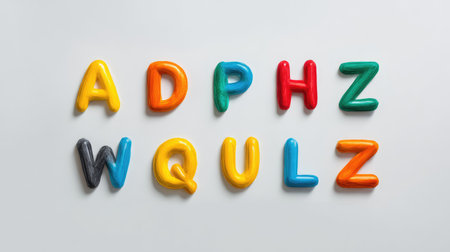 Bright and colorful plastic letters arranged on a white background, ideal for educational purposes, early learning activities, and children's creative play.の素材