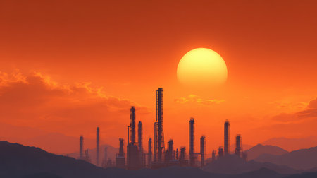 Stunning sunset scene showcasing an industrial landscape with oil rigs silhouetted against a vibrant orange sky, creating a dramatic yet serene atmosphere.の素材