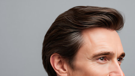 A close-up portrait showcasing a man with a stylish hairstyle, an expressive smile, and warm eyes, perfect for lifestyle, personal branding, or beauty-related projects.の素材