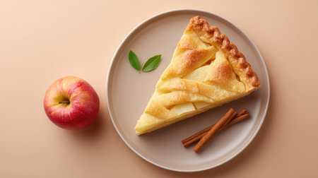 A delectable slice of homemade apple pie sits on a beige plate, paired with a bright red apple and cinnamon sticks, creating a warm and inviting autumn atmosphere.の素材
