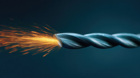 A close-up image showcasing a twisted metal drill bit emitting vibrant sparks, emphasizing the intricate design and industrial utility of tools in action against a dark backdrop.の素材
