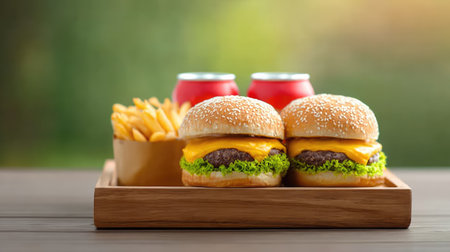 This image features delicious cheeseburgers with cheddar, fresh lettuce, crispy fries, and vibrant drinks, perfect for a tasty meal in an outdoor setting.の素材