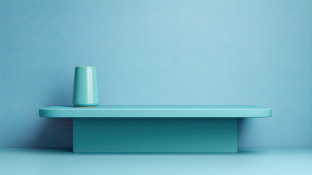 This elegant minimalist scene features a turquoise table and a modern vase, creating a serene atmosphere with a soft blue background, perfect for design inspiration.の素材