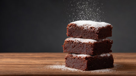 A tempting view of stacked chocolate brownies lightly dusted with powdered sugar, showcasing their rich texture and inviting appearance, perfect for any dessert occasion.の素材