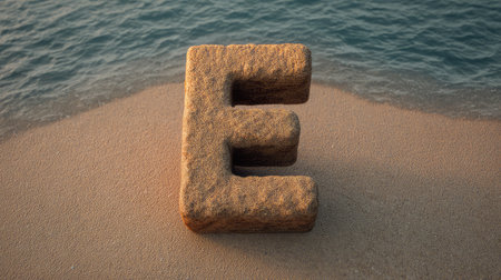 A striking representation of the letter E, crafted from stone, rests on a sandy beach, surrounded by gentle ocean waves and a breathtaking sunset, offering a calming visual experience.の素材