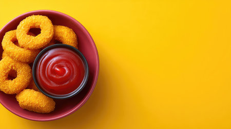 Delight in the vibrant presentation of crispy golden snack rings served with rich red ketchup, perfect for a playful and cheerful culinary experience.の素材