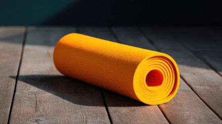 A vibrant orange yoga mat rolled neatly on a rustic wooden floor, showcasing an inviting setup perfect for yoga practice, fitness routines, or meditation sessions.の素材