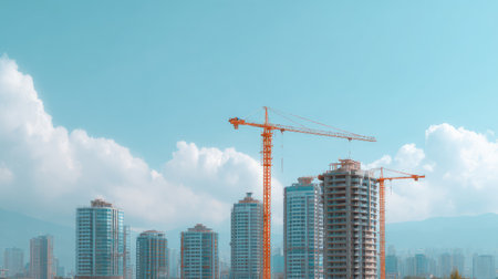 A bustling construction site featuring towering cranes and modern buildings, highlighting the dynamic growth and development of urban environments under a clear blue sky.の素材