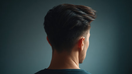 A captivating portrait of a young man showcasing a modern hairstyle against a minimalist background. The soft lighting enhances his stylish look and individual expression.の素材
