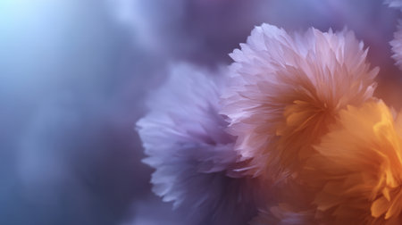 A soft-focused capture of delicate flower petals in hues of purple and orange, creating a tranquil and dreamy floral background that enhances any design project.の素材