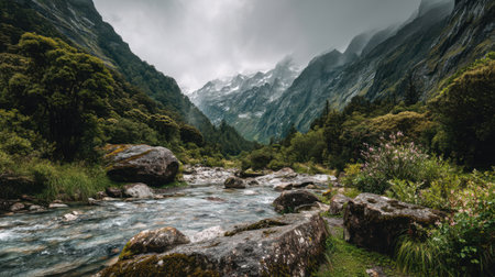 Explore a peaceful mountain valley featuring a flowing river surrounded by lush greenery and majestic peaks under a cloudy sky. Perfect for nature lovers.の素材