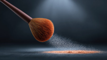 A makeup brush gracefully releasing fine powder creates an artistic beauty scene. The soft lighting highlights the textures, perfect for cosmetic promotions and beauty artistry.の素材