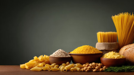 A beautifully arranged assortment of various pasta types, grains, and nuts on a wooden surface, perfect for culinary projects or food-related artworks.の素材