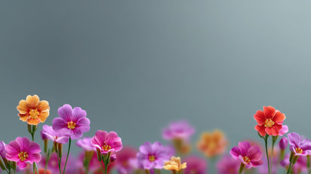 A stunning display of vibrant flowers in shades of pink, purple, and orange set against a soft gray background, perfect for creative floral art and design projects.の素材