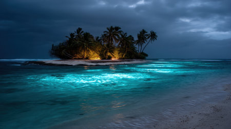 A tranquil tropical island scene at night, showcasing bioluminescent waters and lush palm trees against a dramatic, cloudy sky, inviting a sense of peace and wonder.の素材