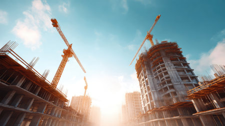 A stunning view of an urban construction site featuring towering cranes and modern buildings under a radiant sky, symbolizing growth and development in a vibrant city.の素材